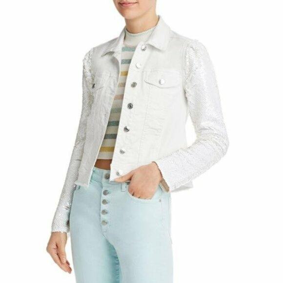 GENERATION LOVE Rosie sequined sleeve white raw hem denim jeans jacket Sz XS NEW - Picture 9 of 9
